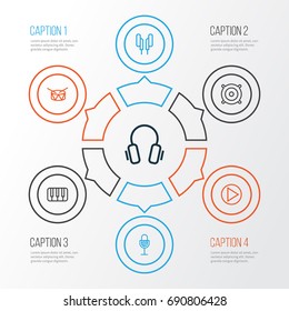 Multimedia Outline Icons Set. Collection Of Amplifier, Keys, Earphones And Other Elements. Also Includes Symbols Such As Orator, Headphone, Microphone.
