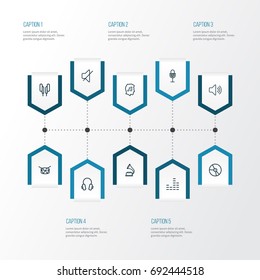 Multimedia Outline Icons Set. Collection Of Audio Level, Earphones, Phonograph And Other Elements. Also Includes Symbols Such As Dj, Bit, Headphone.