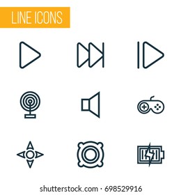 Multimedia Outline Icons Set. Collection Of Arrow, Gamepad, Silence And Other Elements. Also Includes Symbols Such As Megaphone, Amplifier, Broadcast.