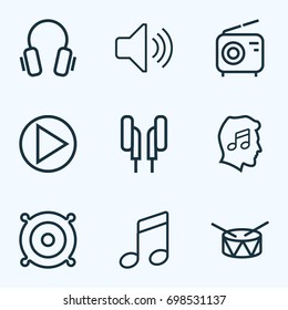 Multimedia Outline Icons Set. Collection Of Circle, Headphones, Earphones And Other Elements. Also Includes Symbols Such As Drum, Earphones, Barrel.