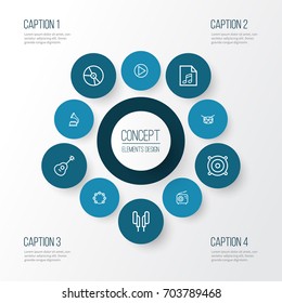 Multimedia Outline Icons Set. Collection Of Circle, Headphones, Plastic And Other Elements. Also Includes Symbols Such As Radio, Guitar, Bit.