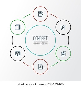 Multimedia Outline Icons Set. Collection Of Group, Clapperboard, Mute And Other Elements. Also Includes Symbols Such As Learning, List, Camera.
