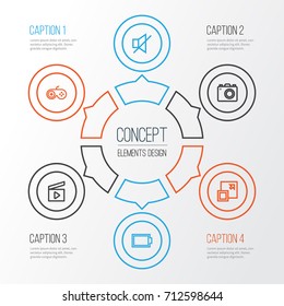 Multimedia Outline Icons Set. Collection Of Camera, Cinema Clap, Mute And Other Elements. Also Includes Symbols Such As Battery, Energy, Controller.