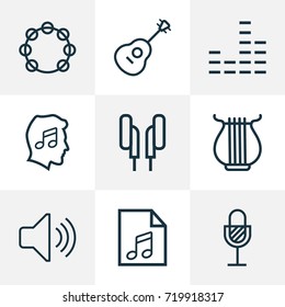 Multimedia Outline Icons Set. Collection Of Timbrel, Stringed, Headphones And Other Elements. Also Includes Symbols Such As Strings, List, Microphone.