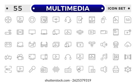 Multimedia outline Icons set. Vector illustration in thin line style of modern digital technology icons: photo, video, music, audiovisual equipment, and more. 
