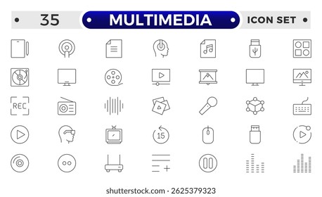 Multimedia outline Icons set. Vector illustration in thin line style of modern digital technology icons: photo, video, music, audiovisual equipment, and more. 
