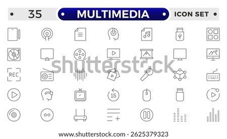 Multimedia outline Icons set. Vector illustration in thin line style of modern digital technology icons: photo, video, music, audiovisual equipment, and more. 
