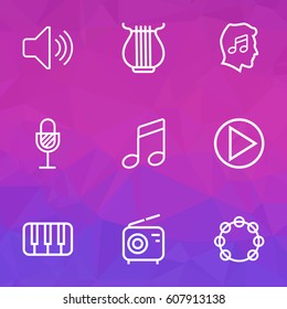 Multimedia Outlines Set. Collection Of Amplifier, Timbrel, Circle And Other Elements. Also Includes Symbols Such As Play, Solfeggio, Tambourine.