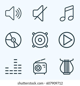 Multimedia Outlines Set. Collection Of Audio Level, Equalizer, Wireless And Other Elements. Also Includes Symbols Such As Vinyl, Equalizer, Level.
