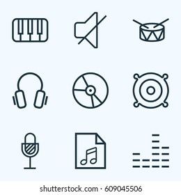 Multimedia Outlines Set. Collection Of Barrel, Soundless, Equalizer And Other Elements. Also Includes Symbols Such As Fortepiano, Orator, Headphone.