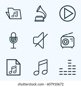 Multimedia Outlines Set. Collection Of Circle, Phonograph, Wireless And Other Elements. Also Includes Symbols Such As Radio, List, Music.
