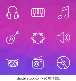 Multimedia Outlines Set. Collection Of Plastic, Wireless, Audio Level And Other Elements. Also Includes Symbols Such As Tambourine, Keys, Barrel.