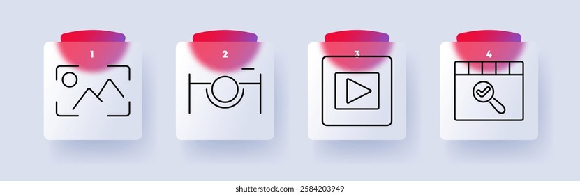 Multimedia and photography set icon. Image, camera, video player, clapperboard search.