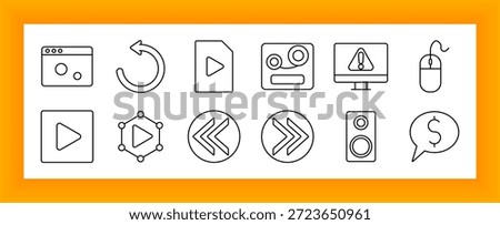 Multimedia and playback set icon. Play button, rewind, fast-forward, mouse, speaker, cassette, monitor alert, reload, dollar speech bubble, and video player shown in outline form.