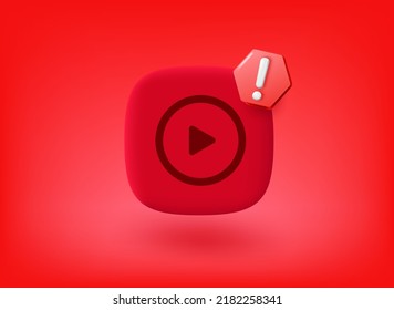 Icono de aplicación de reproductor multimedia con pictograma de punto de exclamación. Ilustración del vector 3d