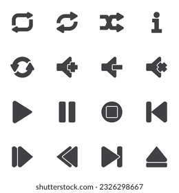 Multimedia player button vector icons set, modern solid symbol collection, filled style pictogram pack. Signs, logo illustration. Set includes icons as play and pause buttons, information, sound