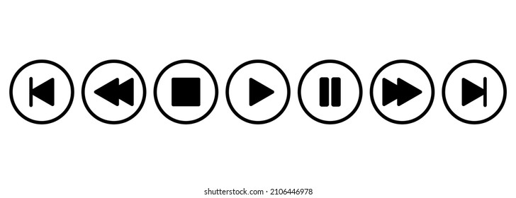 Multimedia player control buttons, icons set in round glossy style design, including play, next, previous track, pause, stop, forward and backward directions elements eps 10