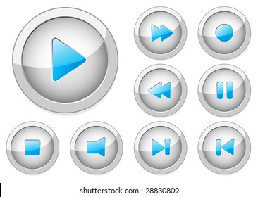 Multimedia player control buttons, icons set in round glossy style design, including play, next, previous track, pause, stop, forward and backward directions elements