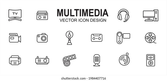 multimedia player and entertainment related vector icon user interface graphic design. Contains such icons as television, radio, headset, computer, desktop, camera, video, recorder, deck cassette,