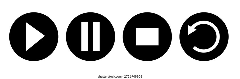 Multimedia player icon collection including replay button, pause symbol, and classic media control signs for audio and video interfaces.