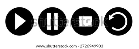 Multimedia player icon collection including replay button, pause symbol, and classic media control signs for audio and video interfaces.