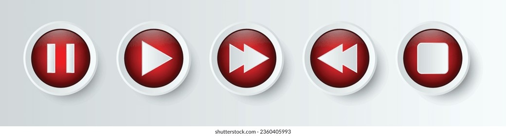 Iconos de jugador multimedia Set, Botón Reproducir, Botón Pausar, Siguiente, Adelante, Atrás, Detener, Botón Repetir Con Icono De Círculo Realista Glossy 3D Isolación En La Ilustración Del Vector De Fondo Blanco