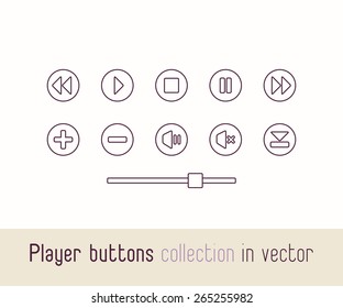 Multimedia player isolated linear icons set. Outline vector buttons for video, audio applications