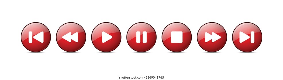 Multimedia Player Red Button Icons Set. Vector