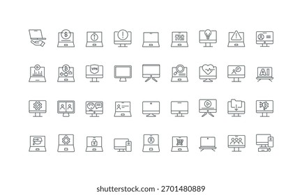Produção multimídia, segurança de dados e upload, símbolos de contorno fino preto e vermelho ilustração vetorial Monitor de computador, tela de laptop com admin e conta de usuário, conjunto de ícones de linha de lição online.