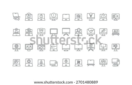Multimedia production, data safety and upload, info thin black and red outline symbols vector illustration Computer monitor, laptop screen with admin and user account, online lesson line icon set.