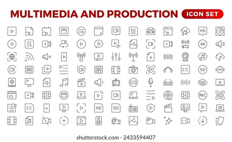 Multimedia- und Produktions-Symbolsatz. Kino-Icon-Set. Sammlung von Filmschildern. Set von Kino, Film, Video-Icons, Sammlung Film, TV. Popcorn Box Paket Big Movie Reel. GliederungssymbolSet-Sammlung.