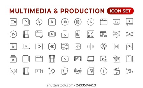 Multimedia and Production icon set. Cinema icon set. Movie sign collection. Set of cinema, movie, video icons, collection film, TV. Popcorn box package Big movie reel. Outline icon set collection.