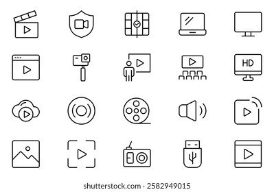 Multimedia and Production icon set. Cinema icon set. Movie sign collection. Set of cinema, movie, video icons, collection film, TV. Popcorn box package Big movie reel. Outline icon set collection.