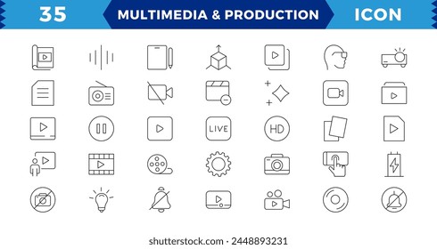 Multimedia and Production icon set,Cinema icon set. Movie sign collection. Set of cinema, movie, video icons, collection film, TV, Outline icon set collection.