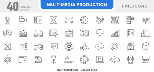 Conjunto de iconos de línea de producción multimedia. Video Video Multimedia, sonido, audio, £, foto, £, música, equipo audiovisual, cámara, juego, conjunto de iconos de línea de pausa. Paquete de iconos de línea delgada de interfaz de usuario.