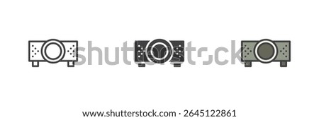 Multimedia projector icon in different styles: line, solid, and filled outline. Vector office presentation or AV device symbol icon.