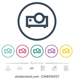 Multimedia projector outline flat color icons in round outlines. 6 bonus icons included.
