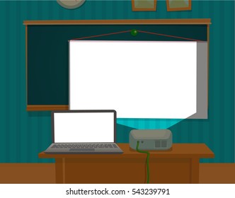 Multimedia projector presenting the classroom. Vector flat color illustration isolated.