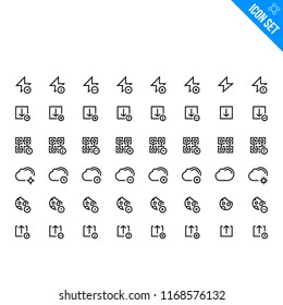 Multimedia Related Icon set. Contains such Icons as Flash, Downloads, Blockchain, Cloud, Cookies, Export. Vector Flat Icon Set in Line Style for Mobile application or Web site
