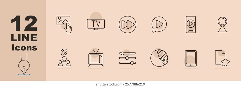 Multimedia set icon Images, TV, play buttons, chat, smartphone, controls, pie chart, tablet, document. Media, communication, content creation, analysis