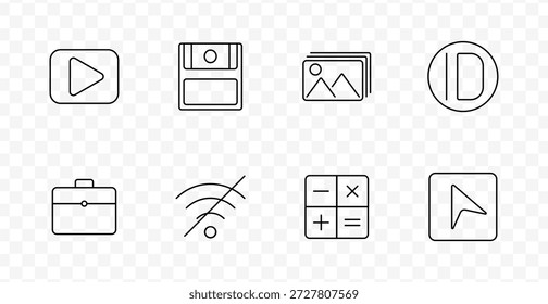 Icono de conjunto multimedia. Video Jugar, disquete, pila de fotos, contraste, señal de apagado, maletín, calculadora, cursor.