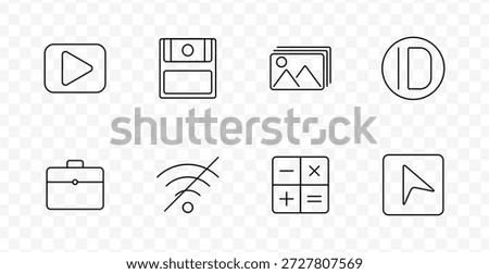 Multimedia set icon. Video play, floppy, photo stack, contrast, signal off, briefcase, calculator, cursor.