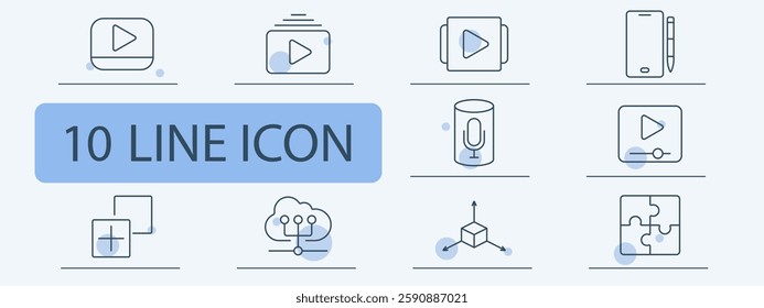 Multimedia set icon. Video player, streaming, playlist, digital pen, smart speaker, media control, file add, cloud networking, 3D model, puzzle solution.