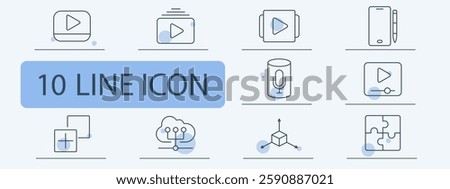 Multimedia set icon. Video player, streaming, playlist, digital pen, smart speaker, media control, file add, cloud networking, 3D model, puzzle solution.