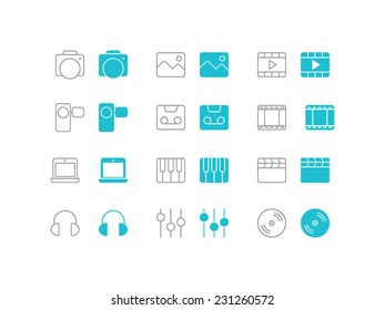 Multimedia set. Trendy thin icons for web and mobile. Line and full versions. Normal and enable state