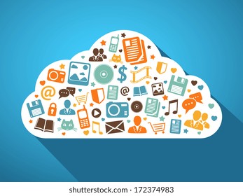 Multimedia social networks and mobile apps in the cloud concept vector illustration