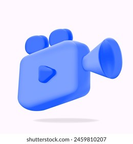 multimedia streaming camera icon. blue 3d video camera isolated. with blue play button, 3d cinema recording icon vector illustration