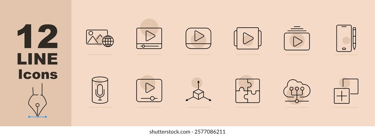 Multimedia streaming set icon Global video streaming, video player, mic, puzzle, cloud connections. Multimedia, interaction, network tools