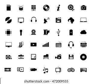 Multimedia symbols, sound instruments, audio and video icons set
