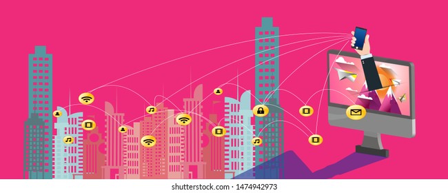 Multimedia technology and business digital communication with smartphones.